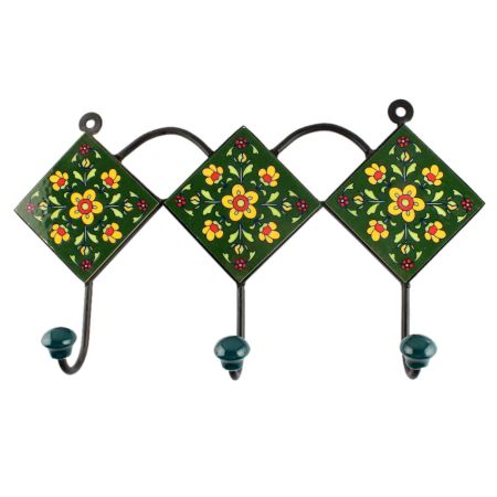 Ceramic Floral Tile Hook in Forest Green